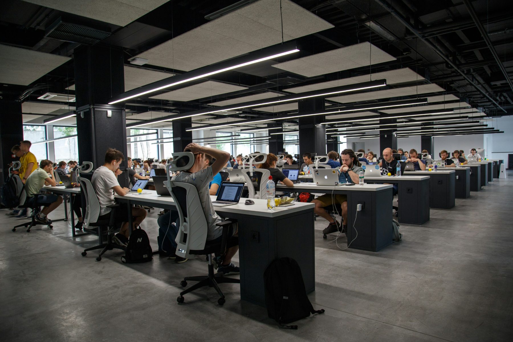 A busy software team working at desks in a large open-plan office